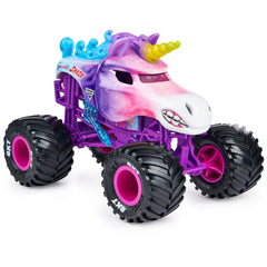 Monster Jam Sparkle Smash side profile reveals bold decals and collectible design.