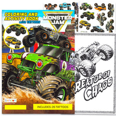 Monster Jam temporary tattoos set with 26 designs for kids' play and parties.