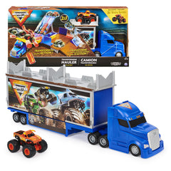 Monster Jam Transforming Hauler Playset with donut spinner for dynamic stunts.
