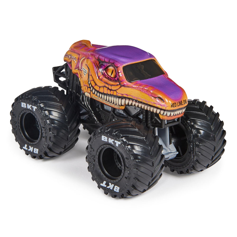 Monster Jam Velociraptor diecast side view shows authentic detailing for fans.