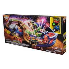 Winning podium glows, creating a satisfying finish to Monster Jam races.
