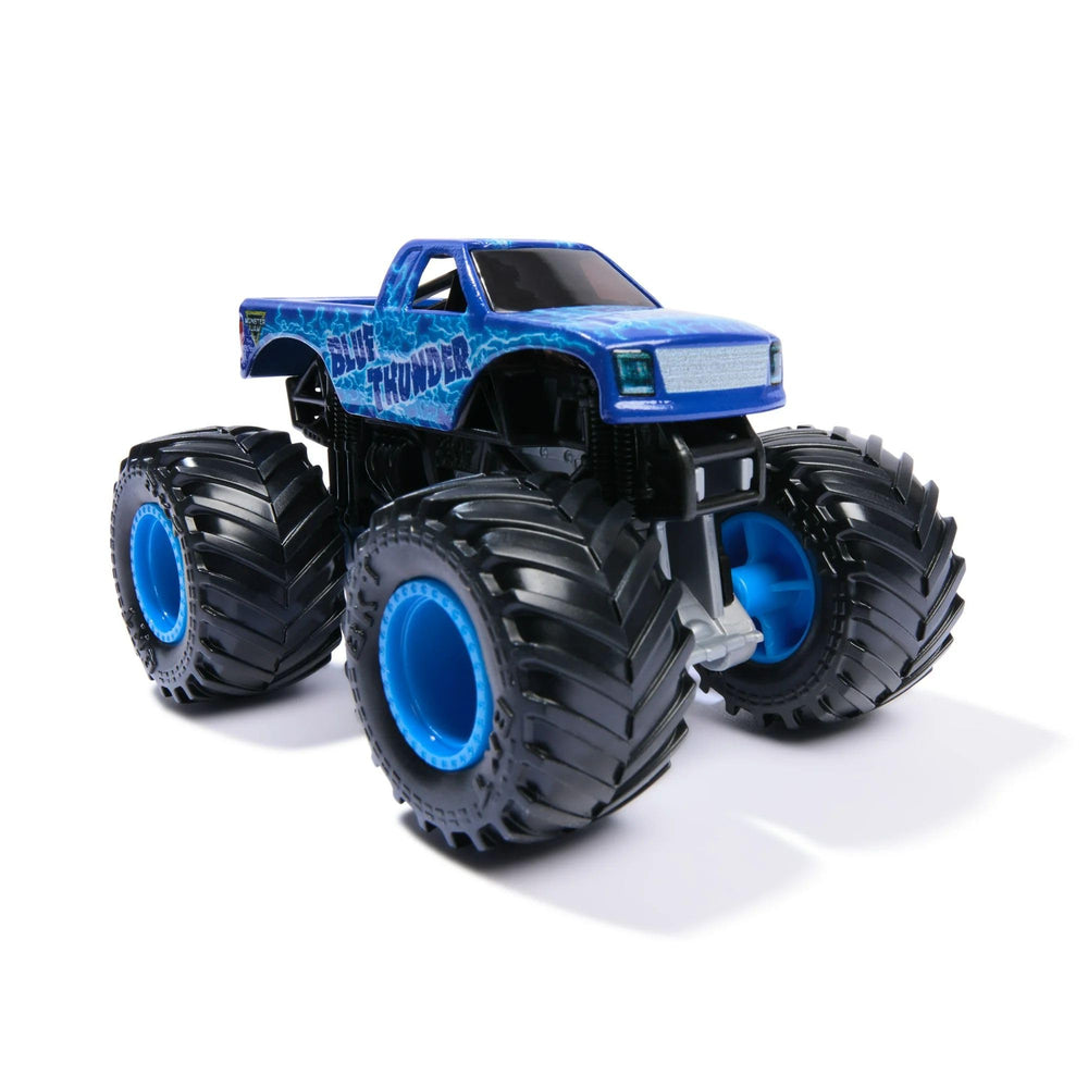 Monster Jam Blue Thunder side view highlights sleek profile and crisp decals