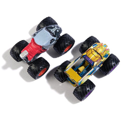 Close-up of authentic BKT tires on a Marvel Monster Jam die-cast truck