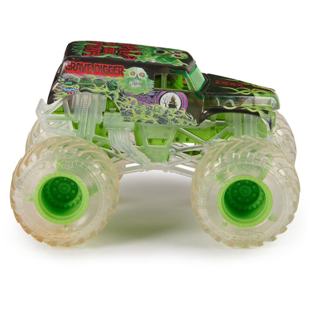 Monster Jam Grave Digger 1:64 side profile highlights decals and stance for play.