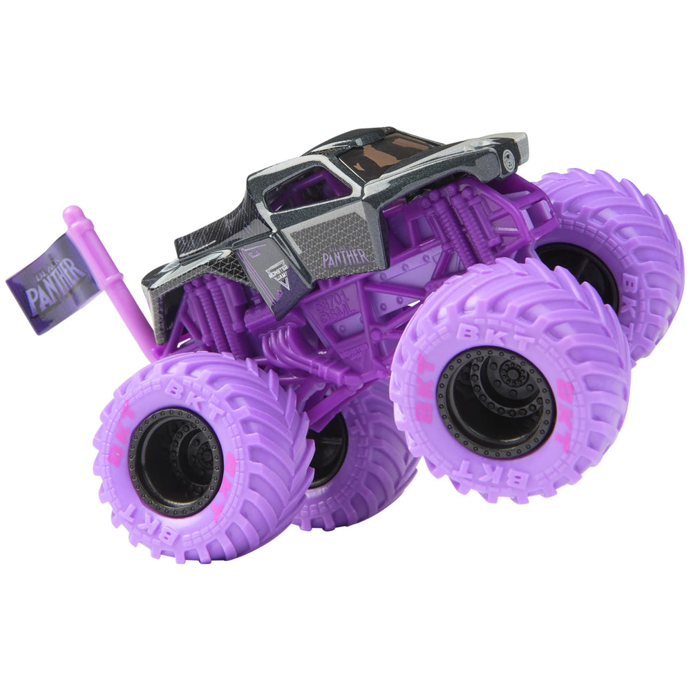 Monster Jam Captain America truck rear view emphasizes shield motif and sturdy build.