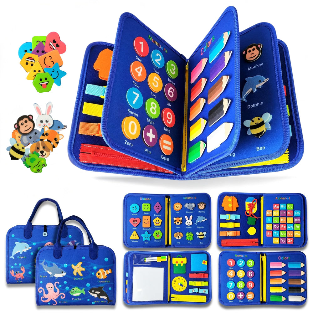 Montessori Busy Board front view highlighting learning pages and travel handle for on-the-go play