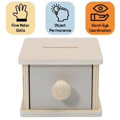 Montessori Mama coin box detachable drawer adds problem-solving fun.