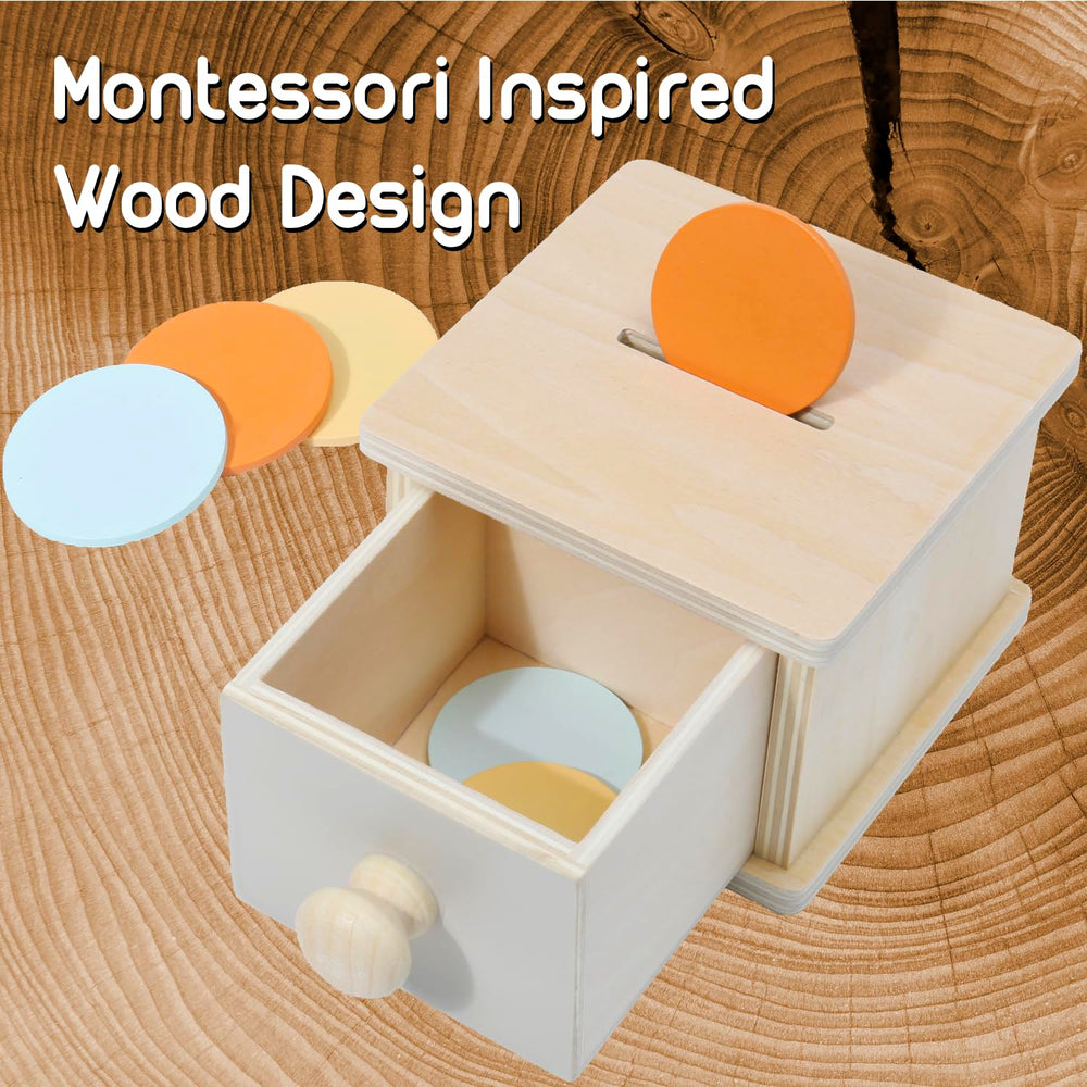 Montessori Mama coin box six colorful coins encourage color recognition during play.