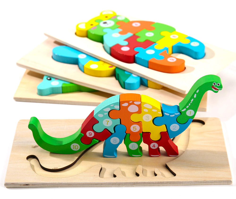 Montessori Mama wooden dinosaur puzzle promotes fine motor skills during play