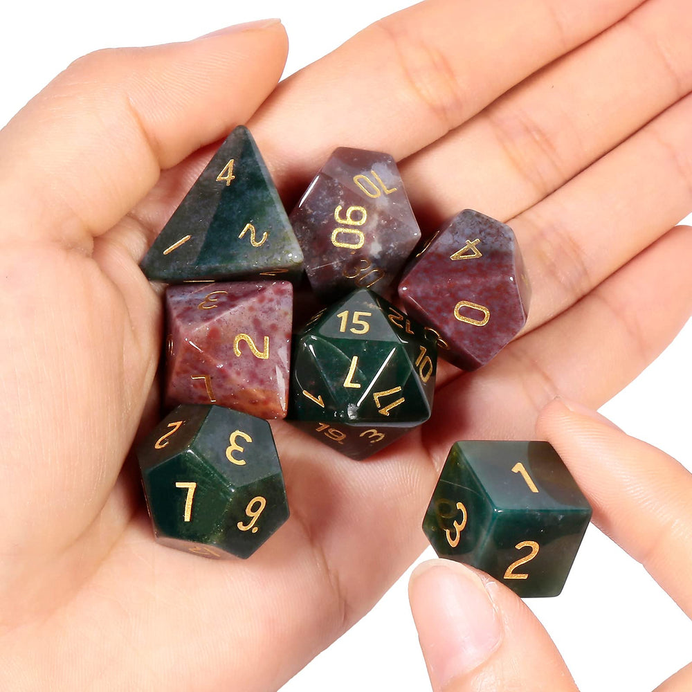 Mookaitedecor Indian Agate crystal dice close-up with clear golden numbers