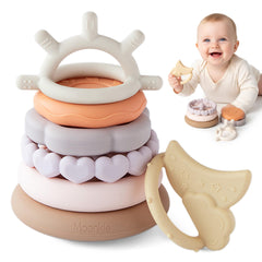 Moonkie stacks of circles soft teething toy closeup, showcasing safe silicone for gentle baby play