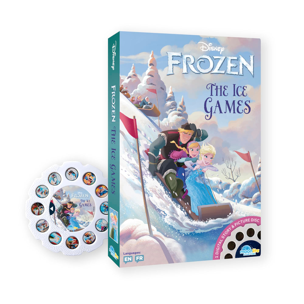 Moonlite Storytime Ice Games projector setup projects a vibrant bedtime scene on the wall.