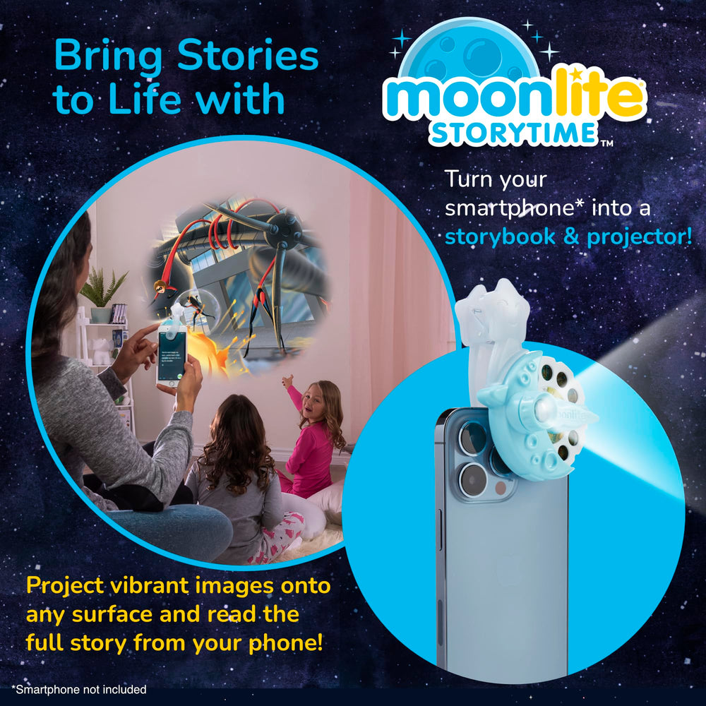 Moonlite Storytime Mini Projector in use during kids' reading with vivid images
