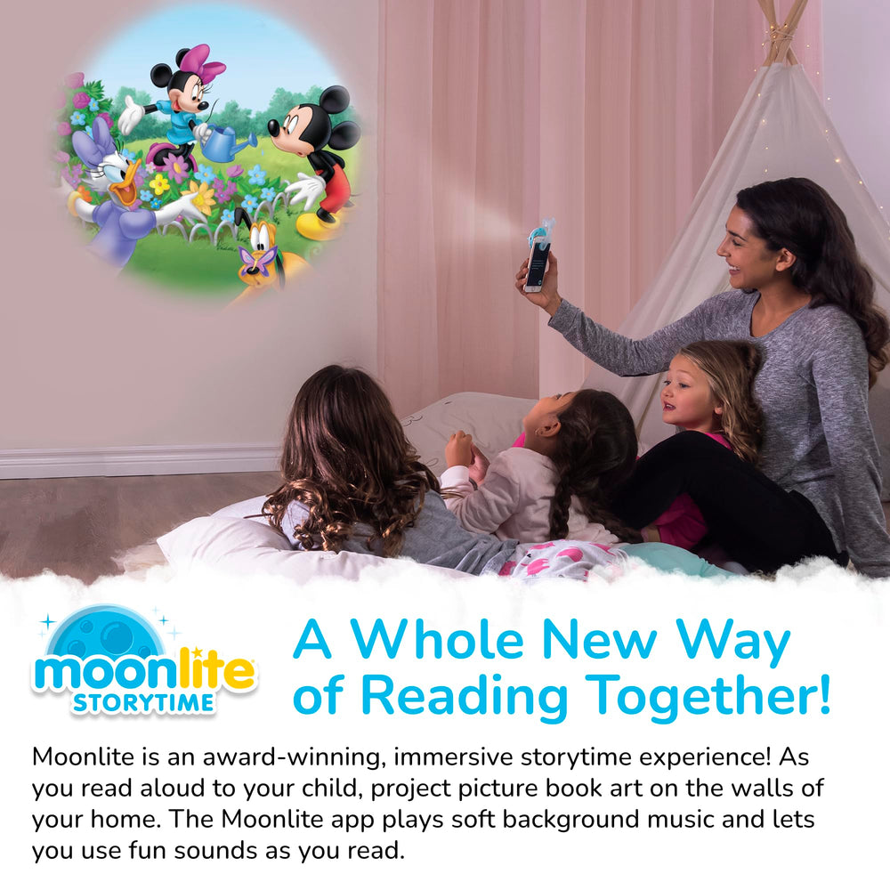 Moonlite Storytime Mini Projector in living room with characters projected on wall