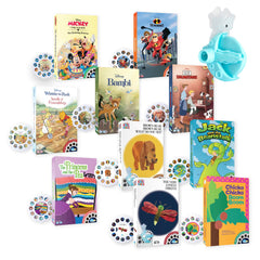 Moonlite Storytime Mini Projector setup with projection on wall for cozy reading