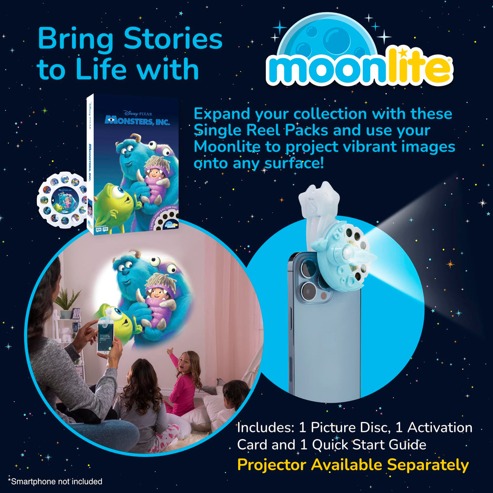 Moonlite Storytime Monsters Inc disc projecting onto a wall for immersive storytelling