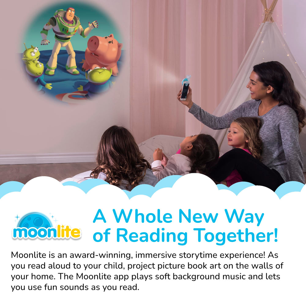 Moonlite Storytime smartphone clip keeps the projector steady during storytime.