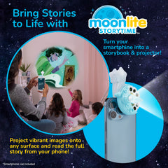 Moonlite Storytime Starter Pack shows the projector with disc and packaging for quick setup