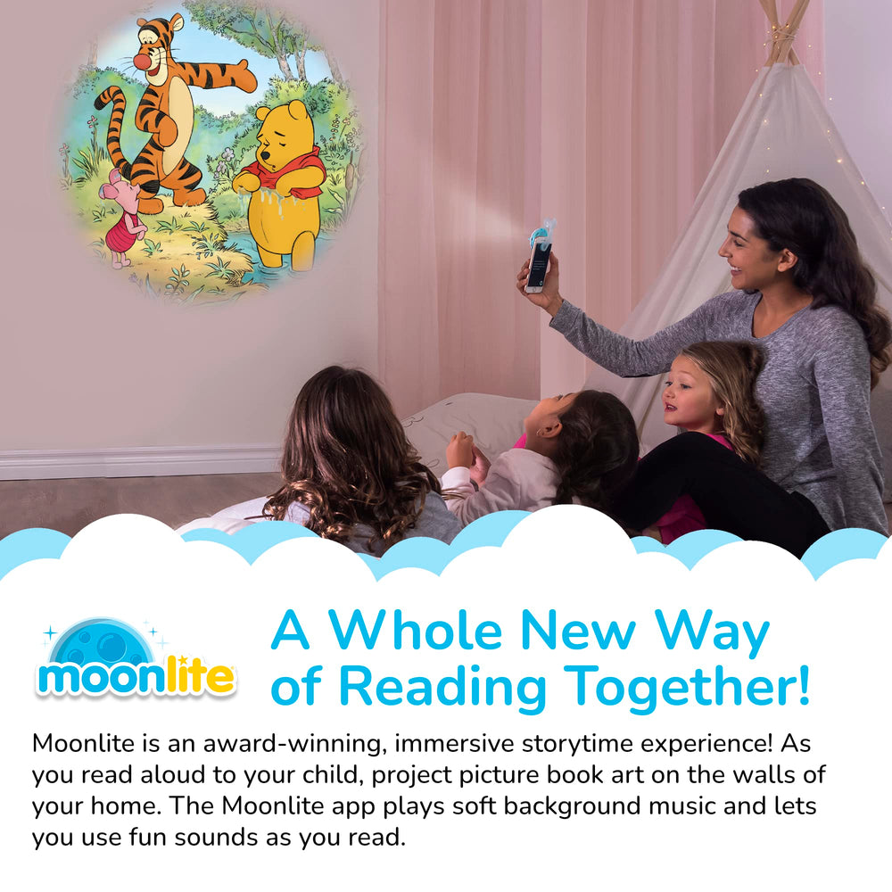 Moonlite Storytime wall-ceiling projection of Pooh sparks magical, screen-free storytelling.