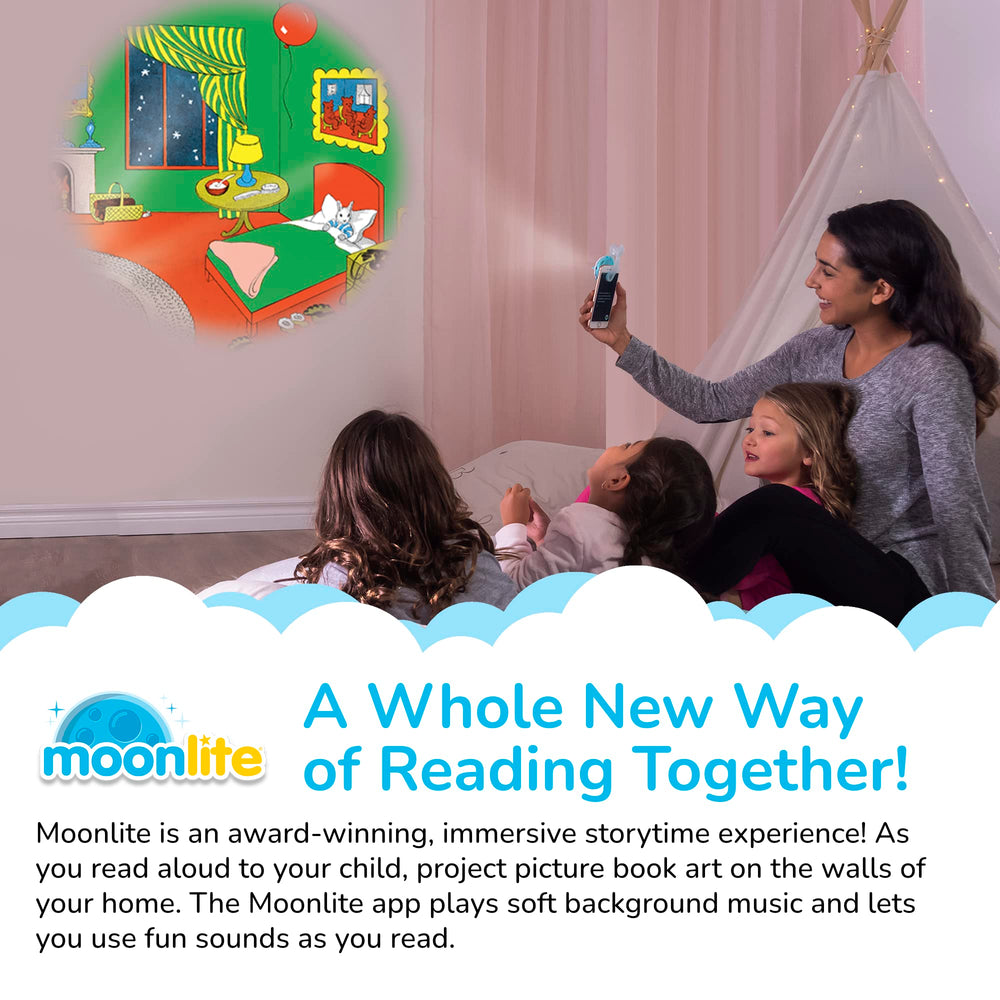 Moonlite vibrant illustrations projected to engage toddlers during shared story time.