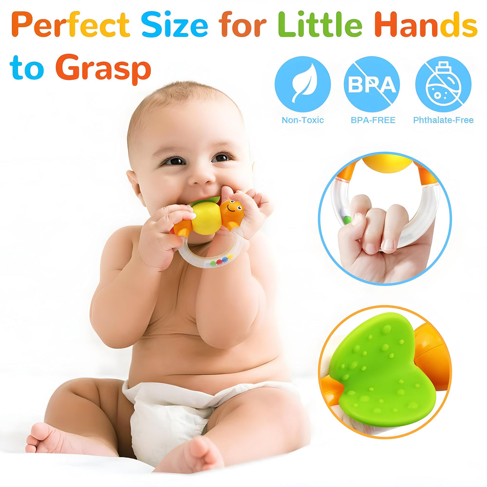 MOONTOY fish rattle — compact rattle with beads to aid hand-eye coordination.