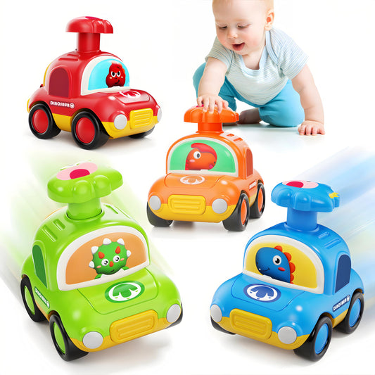 MOONTOY Press Go Dinosaur Car front view with bright colors that engage toddlers.
