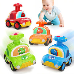 MOONTOY Press Go Dinosaur Car front view with bright colors that engage toddlers.