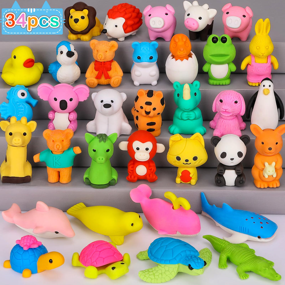 Moosia 34-pack animal pencil erasers for kids, large and colorful, perfect classroom rewards.