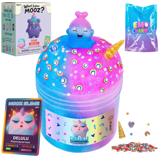 MOOZ Unicorn Cloud Slime Kit in blue and pink with a non-sticky texture for easy cleanup