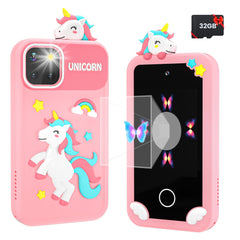 Moreximi kids smart phone pink front view highlights kid-friendly design and learning features.