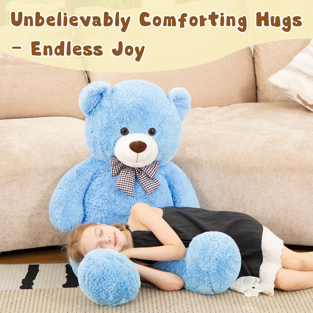 MorisMos 47inch blue teddy in living room evokes cozy companionship and long-lasting smiles.