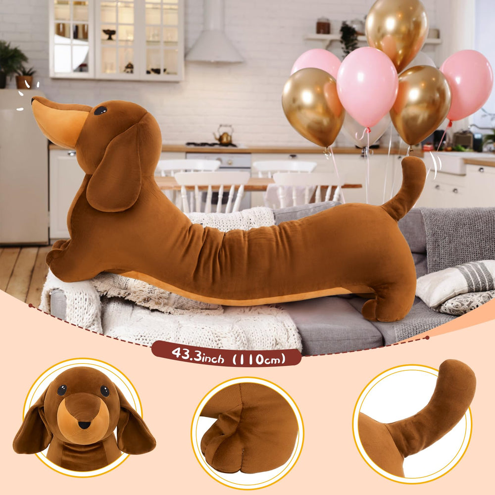 MorisMos dachshund plush on sofa adds playful decor.