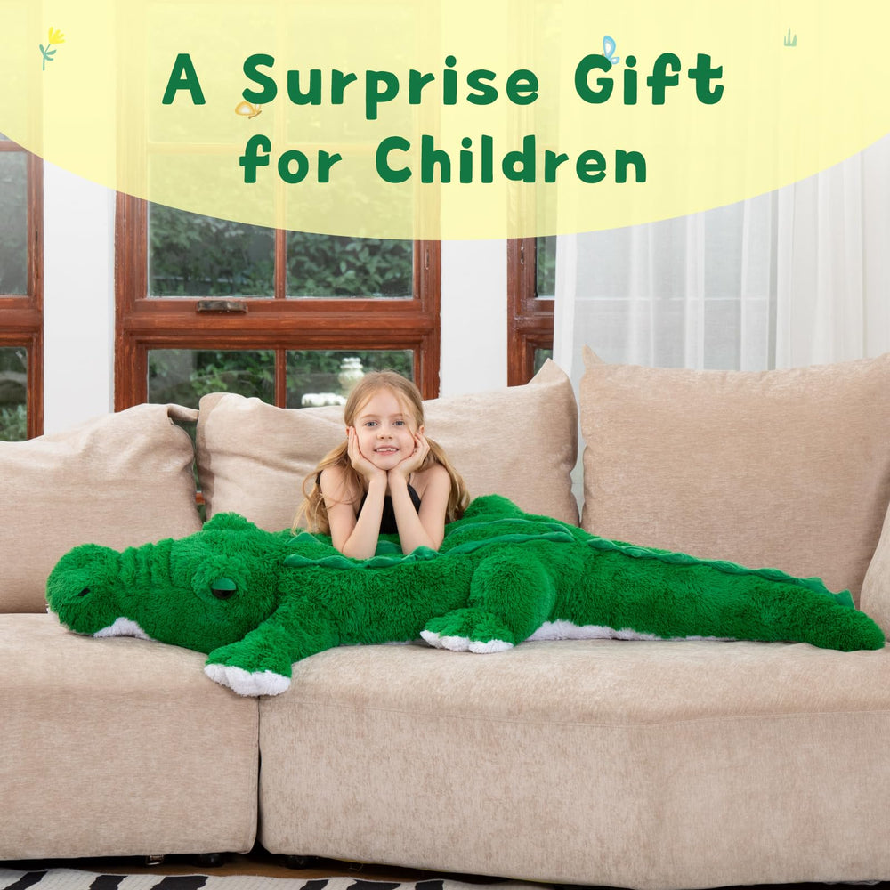 MorisMos giant alligator plush features realistic eyes that spark imaginative adventures.
