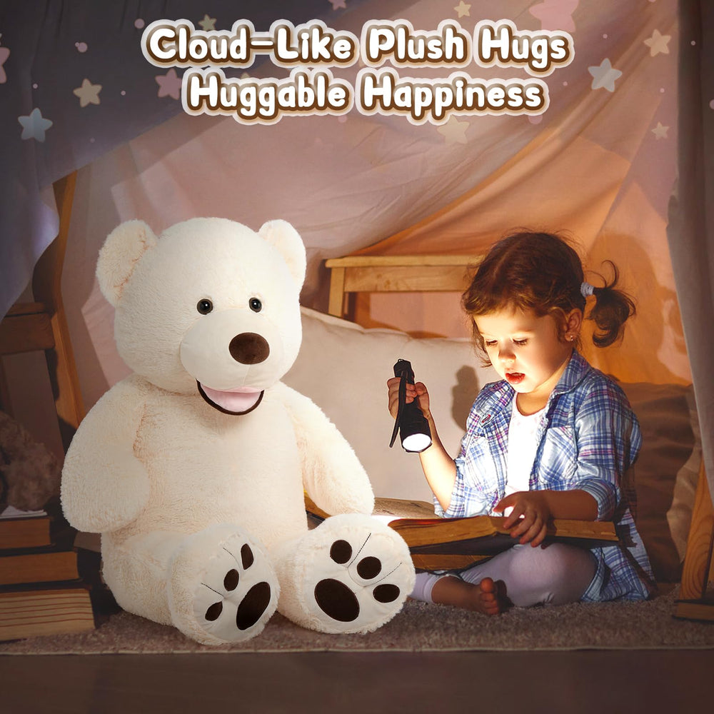 MorisMos beige giant teddy bear used as a comforting bedtime companion