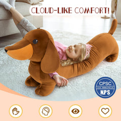 MorisMos sausage dog toy, soft and safe for kids.
