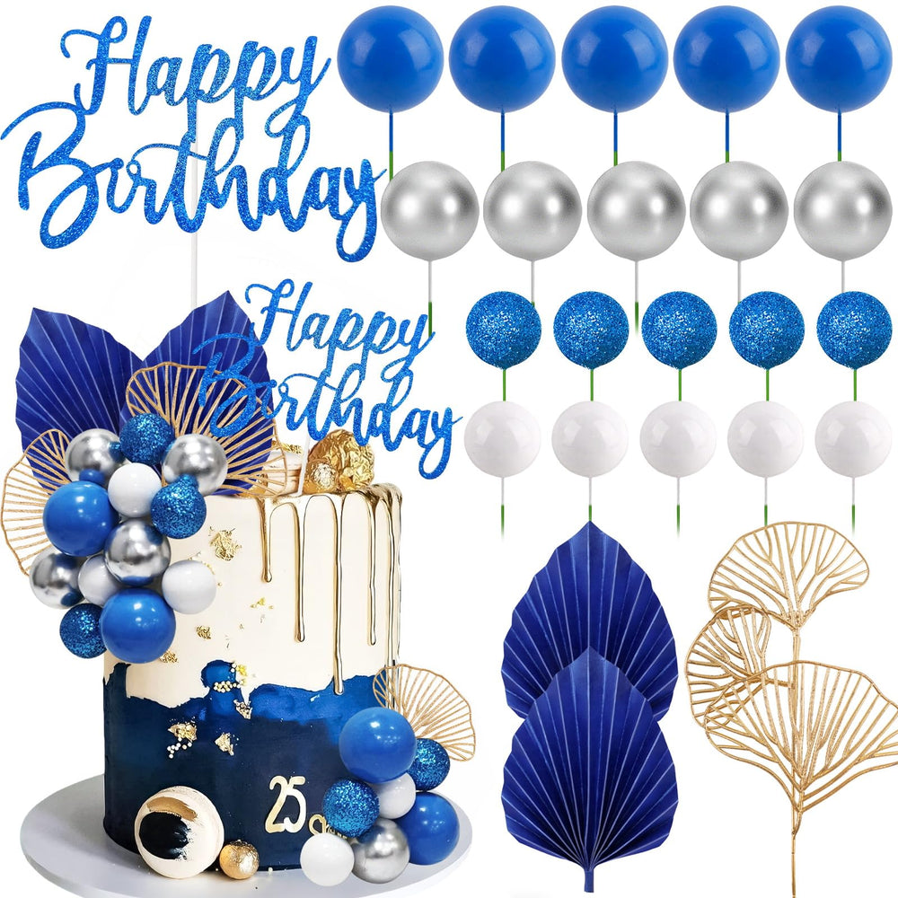 Morofme navy blue boho ball toppers add elegant texture to a birthday cake
