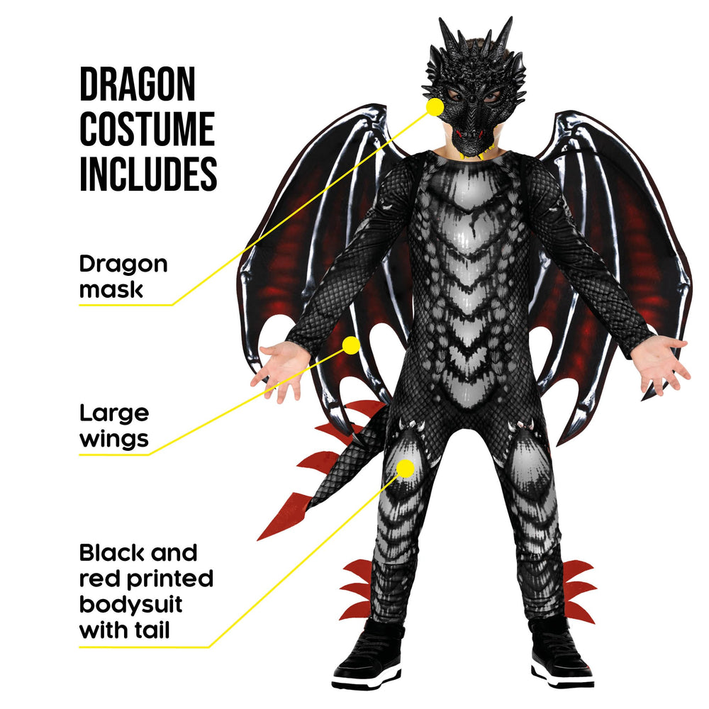 Morph dragon wings in red and black add dramatic flair to the kid costume