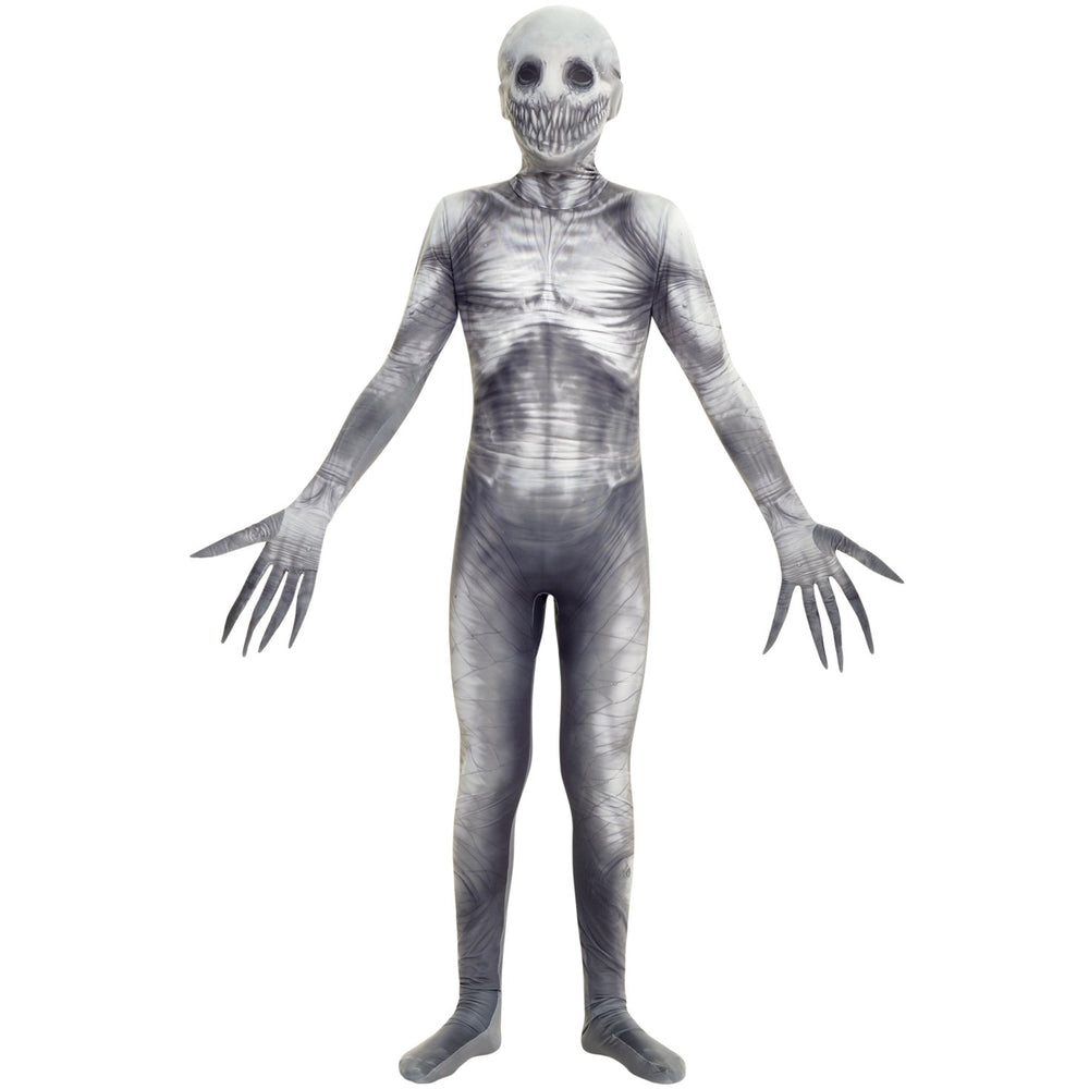 Morphsuits The Rake kids costume in a grey monster bodysuit for spooky Halloween fun