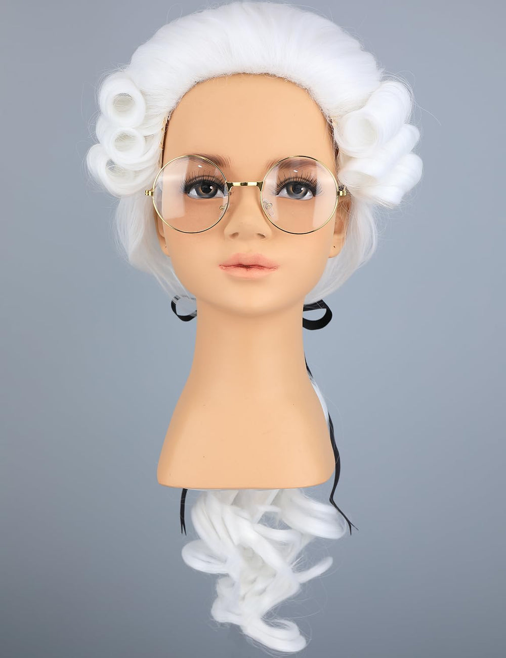 Morvally kids colonial judge wig, powdered white back view for authenticity