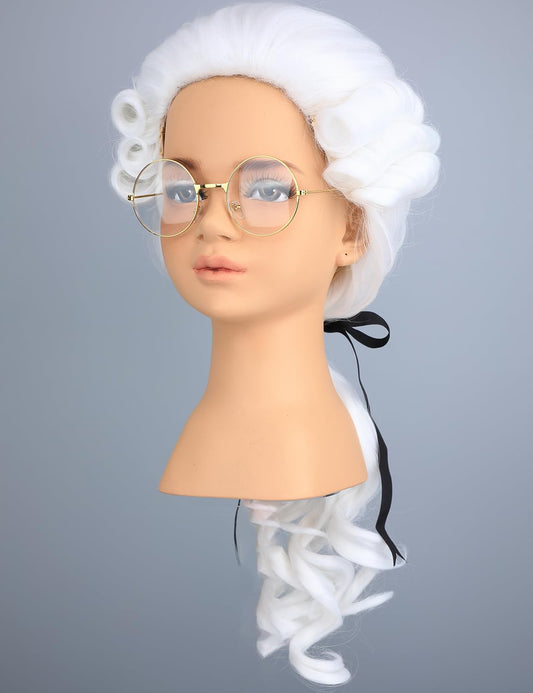 Morvally kids colonial judge wig, powdered white front view for authentic costumes