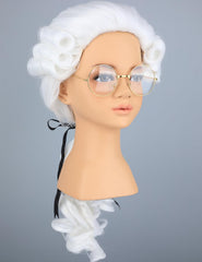 Morvally kids colonial judge wig, powdered white side view for period accuracy