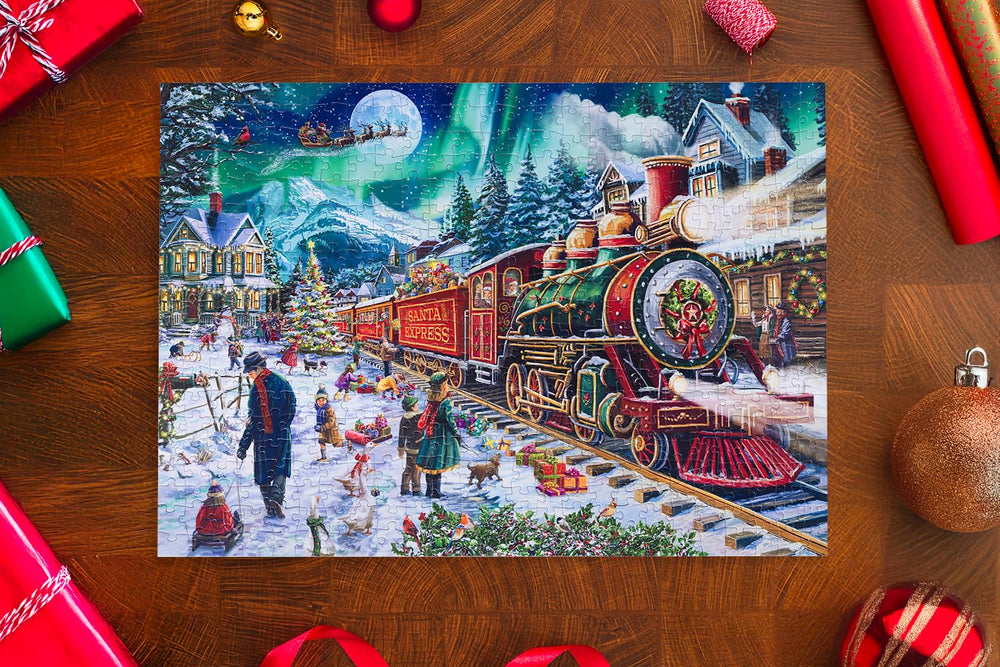 Mosaic Puzzles box art featuring festive scene for gift appeal