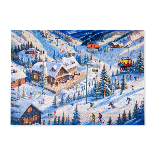 Mosaic Puzzles Ski Chalet Getaway coverβcozy festive scene for adults and evenings.