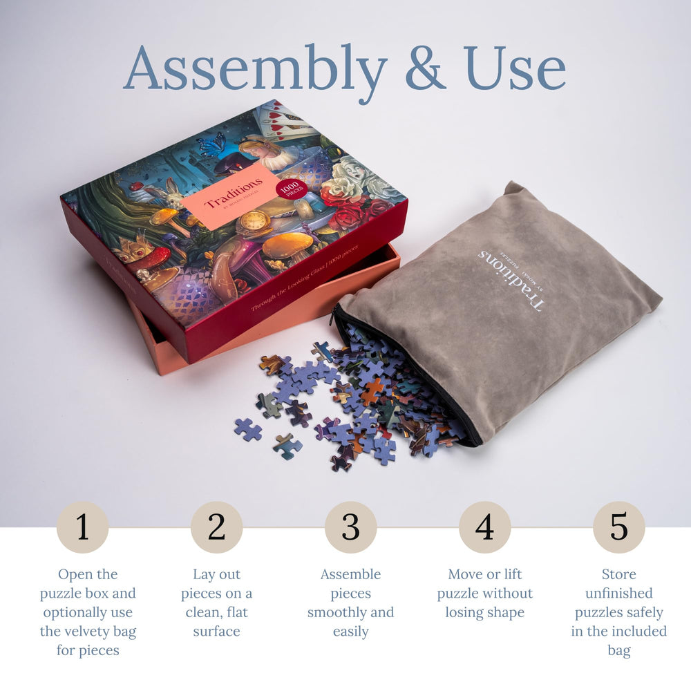 Mosaic Puzzles Through The Looking Glass 1000-piece set with dust-free handling.