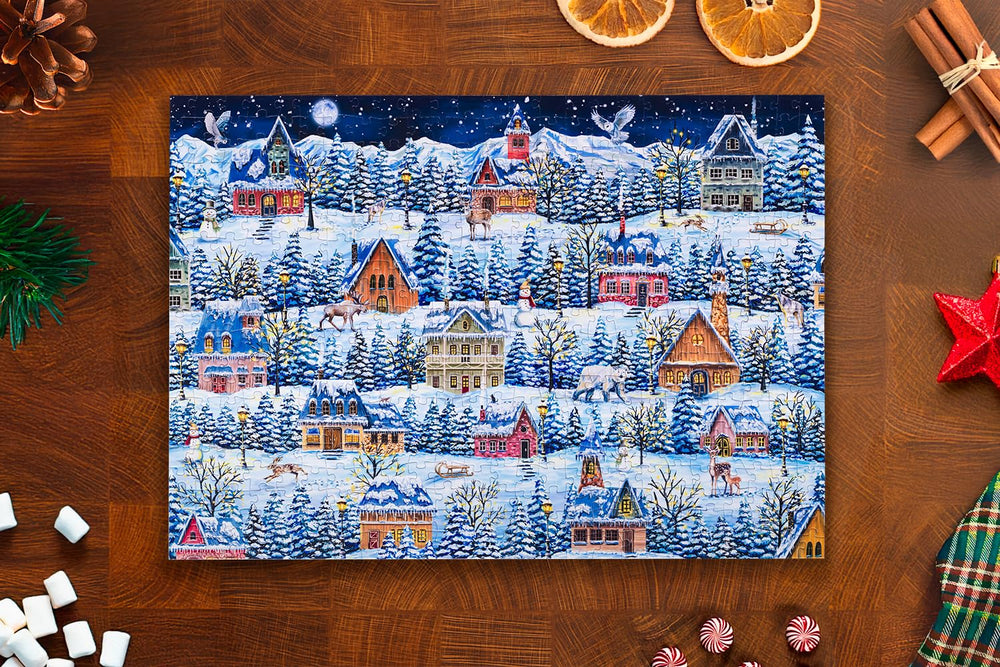 Mosaic Puzzles Winter Village Wanderers interlock closeup shows tight fit that holds together when moved.