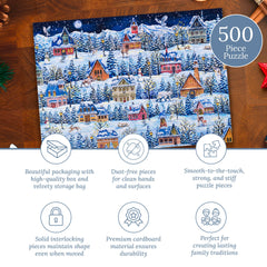 Mosaic Puzzles Winter Village Wanderers pieces closeup highlights precision cuts for satisfying interlocks.