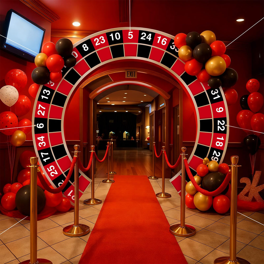 Moukeren casino banner arch entrance creating a welcoming Vegas-night backdrop.