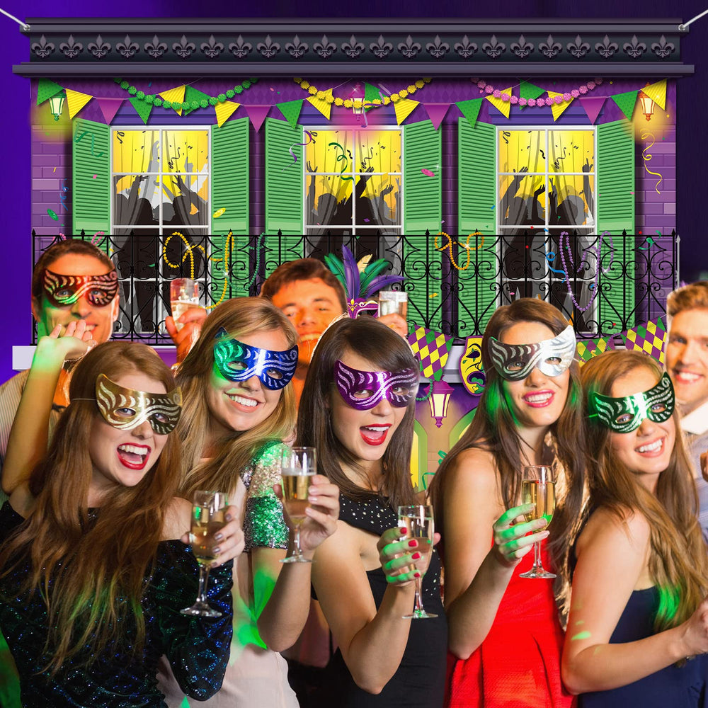 Moukeren Mardi Gras photo booth background ideal for group photos and social posts.