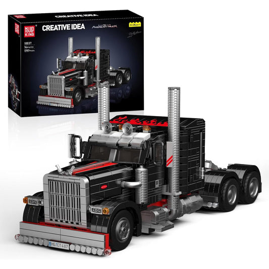 Mould King 10037 semi-truck open hood shows engine details.