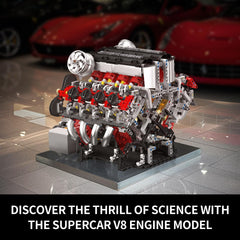 Mould King 10130 V8 engine pistons and gears shown in detail.